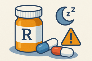 Illustratie van een medicijnflesje, twee capsules, een maansymbool met slaaptekens en een waarschuwingsbord, passend bij het onderwerp Temazepam slaappillen en hun werking en risico’s
