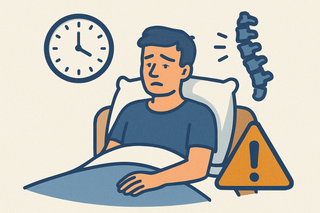 Illustratie van een vermoeide man die in bed ligt, met een klok, een ruggengraat en een waarschuwingsbord, passend bij het onderwerp over de gevolgen van lang in bed liggen
