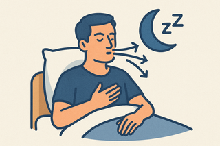 Illustratie van een man die in bed ademhalingsoefeningen doet om beter te slapen, met ademhalingspijlen en een maansymbool met slaaptekens