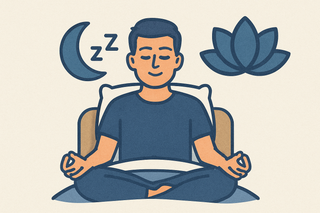 Illustratie van een ontspannen man die in bed zit en mediteert, met een maansymbool, slaaptekens en een lotusbloem, passend bij ontspanningsoefeningen voor het slapen