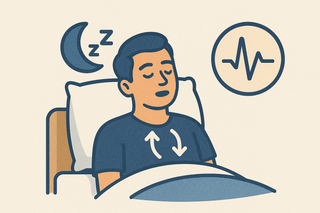 Illustratie van een man die rustig slaapt, met ademhalingspijlen op zijn borst, een hartslaggrafiek en een maansymbool, passend bij het onderwerp ademhalingsfrequentie tijdens de slaap