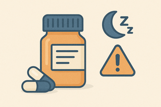 Illustratie van een medicijnflesje, twee capsules, een maansymbool en een waarschuwingsbord, passend bij het onderwerp Zolpidemtartraat, de werking en risico’s, en de vergelijking met Temazepam.